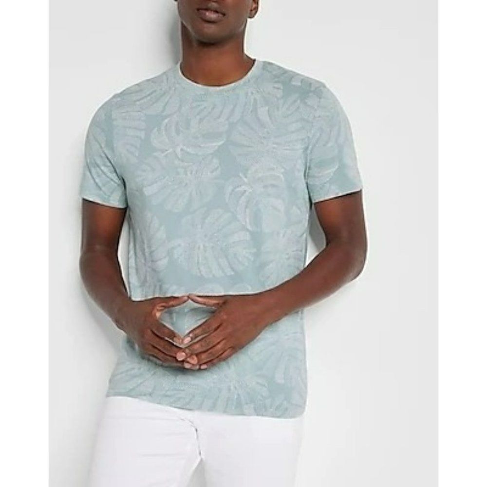 Express Leaf Print Crew Neck T-Shirt Light Blue Men's Sz Large